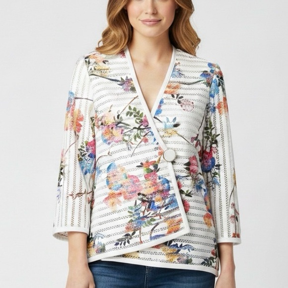 Joseph Ribkoff Asymmetrical Garden Floral Mesh Blazer - Picture 2 of 9